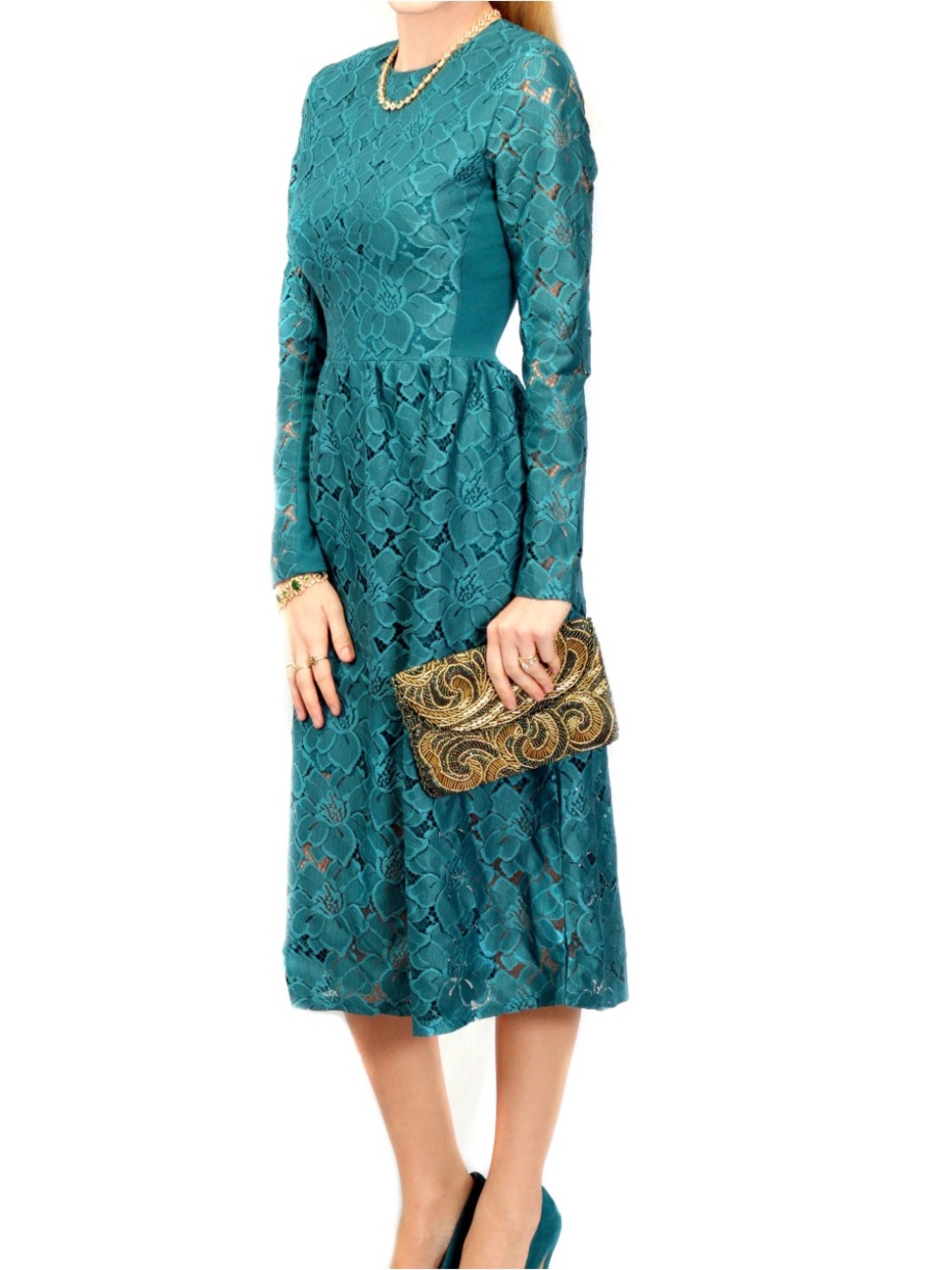 New Teal Lace Long-Sleeve Midi Dress - Women's Elegant Occasion Dress